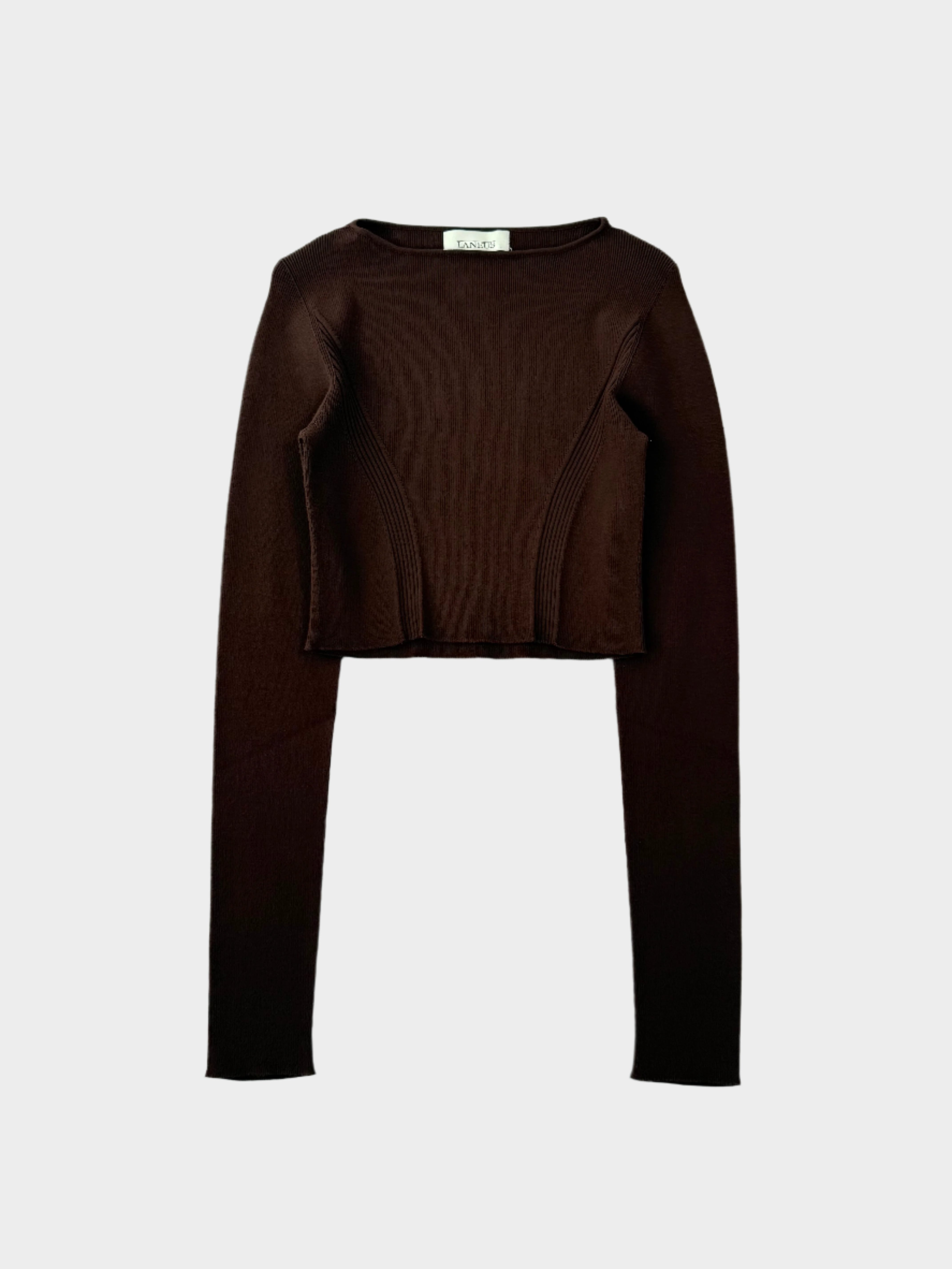 top maglia cioccolato, top laneus, top aderente maniche lunghe, top cropped donna, maglia minimal elegante, top viscosa laneus