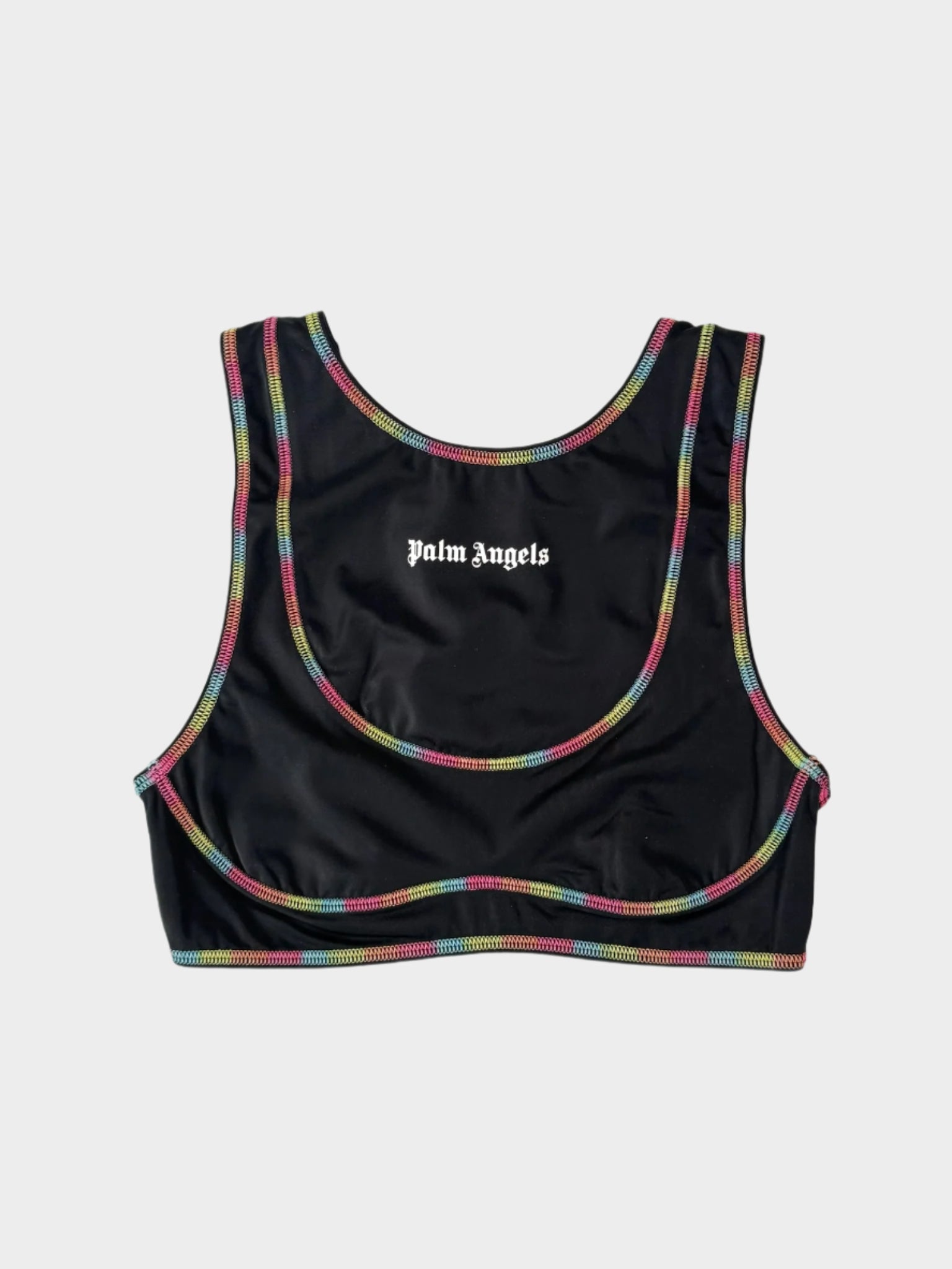Top tecnico da donna nero con cuciture arcobaleno e logo Palm Angels