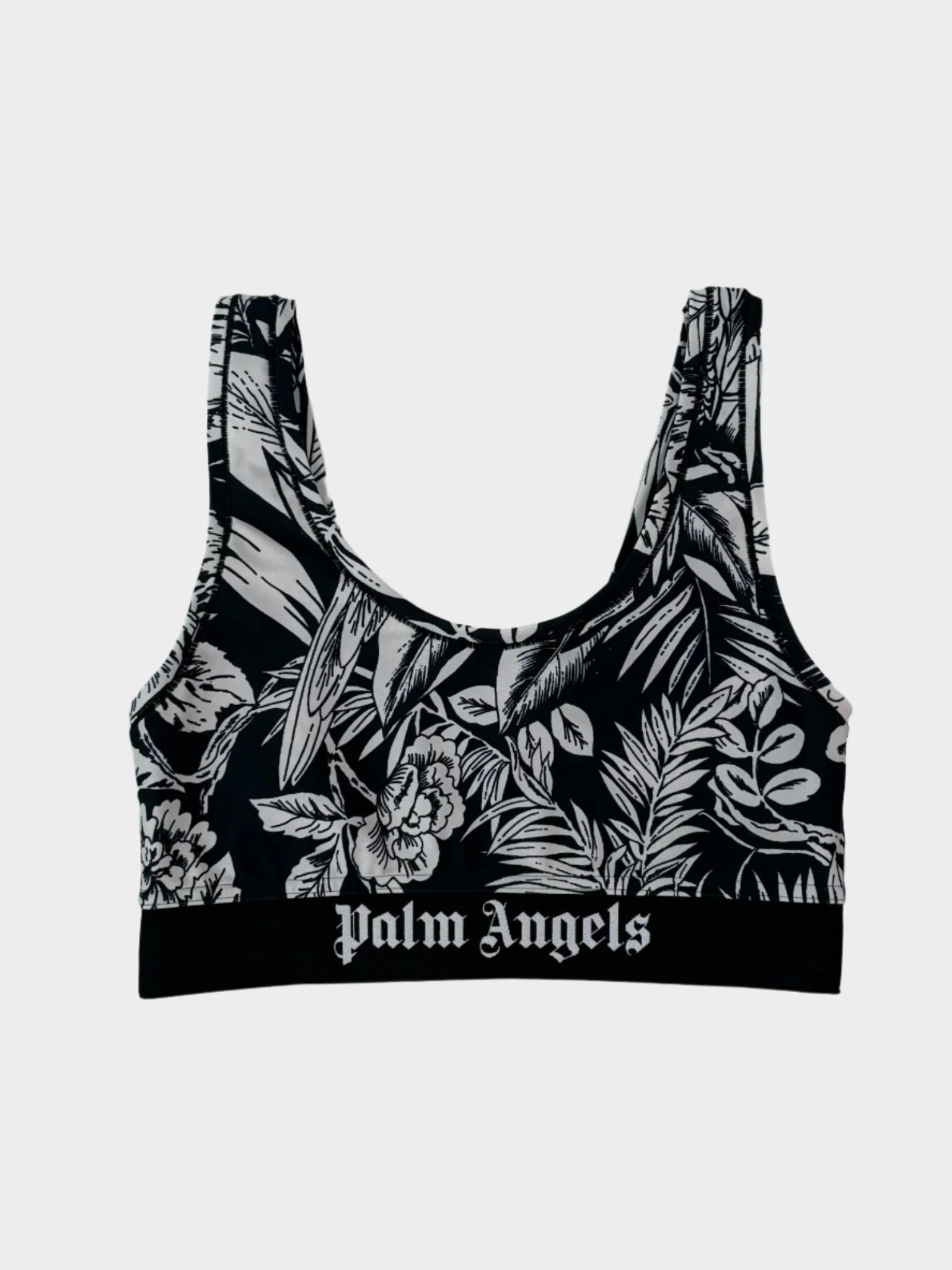 Top sportivo nero con stampa jungle bianca e fascia elastica con logo


