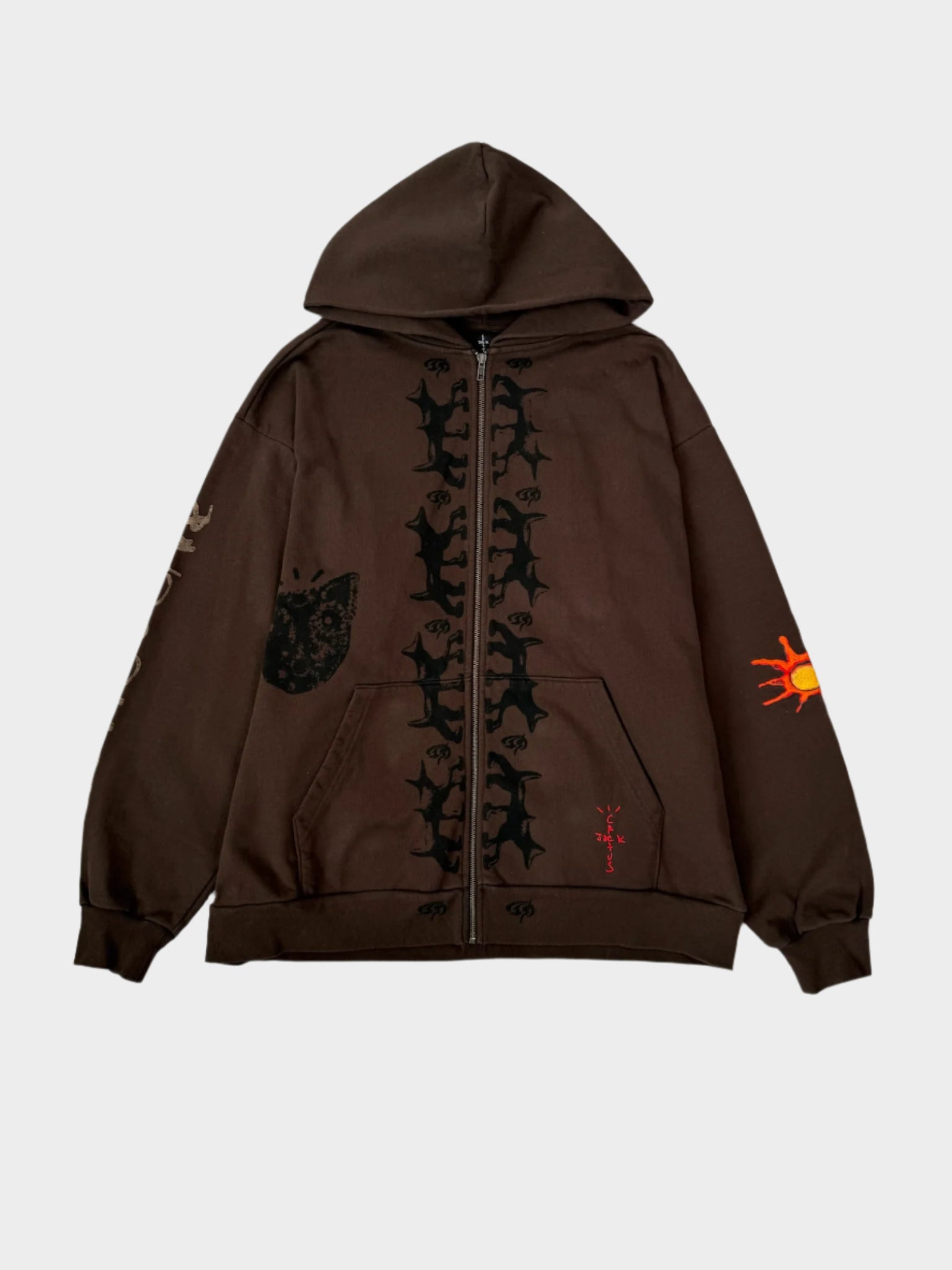 Travis Scott felpa, Cactus Jack hoodie, Reverse Dog Zip Up, felpa marrone zip, streetwear Travis Scott, felpa con cappuccio marrone, Qlhype moda