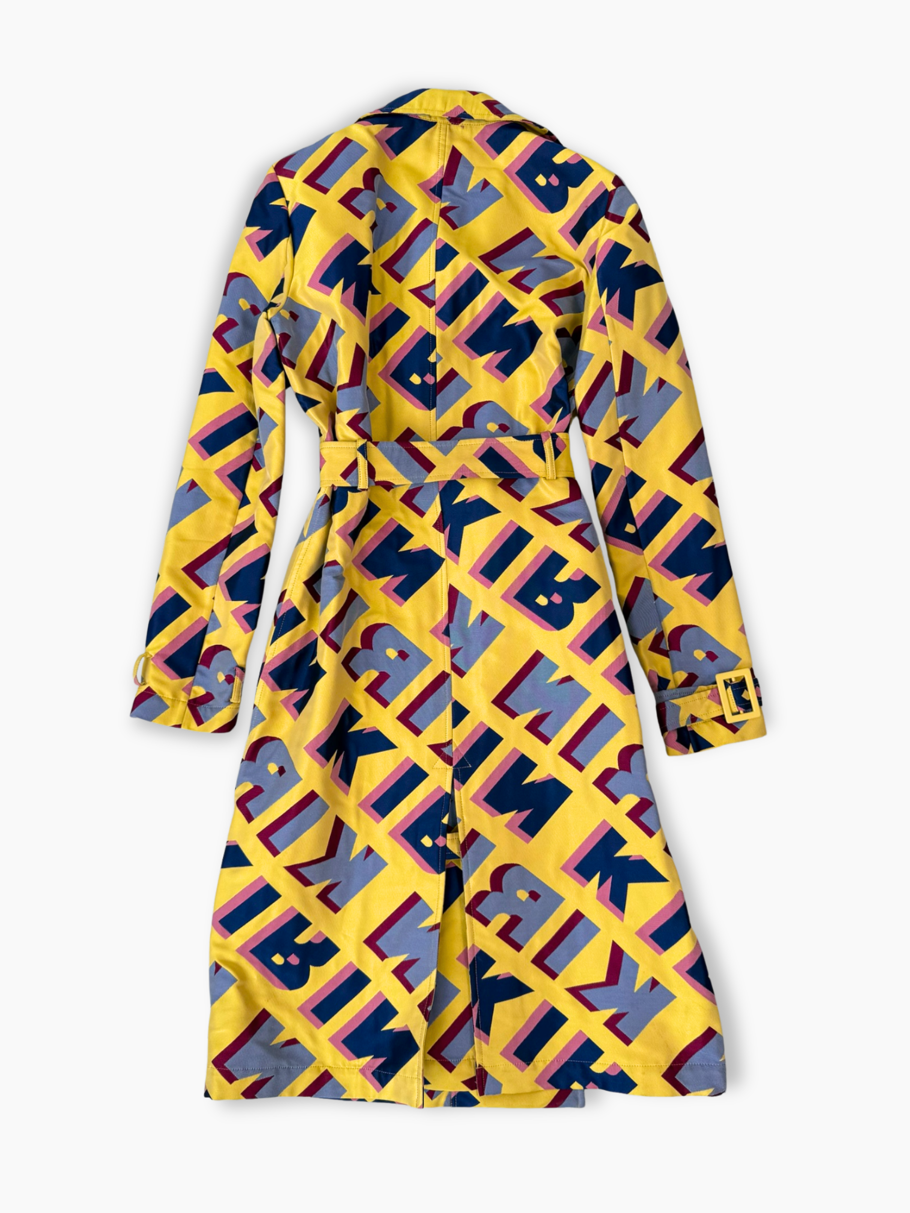 Trench lungo Kirin in jacquard multicolor con stampa tipografica e cintura in vita