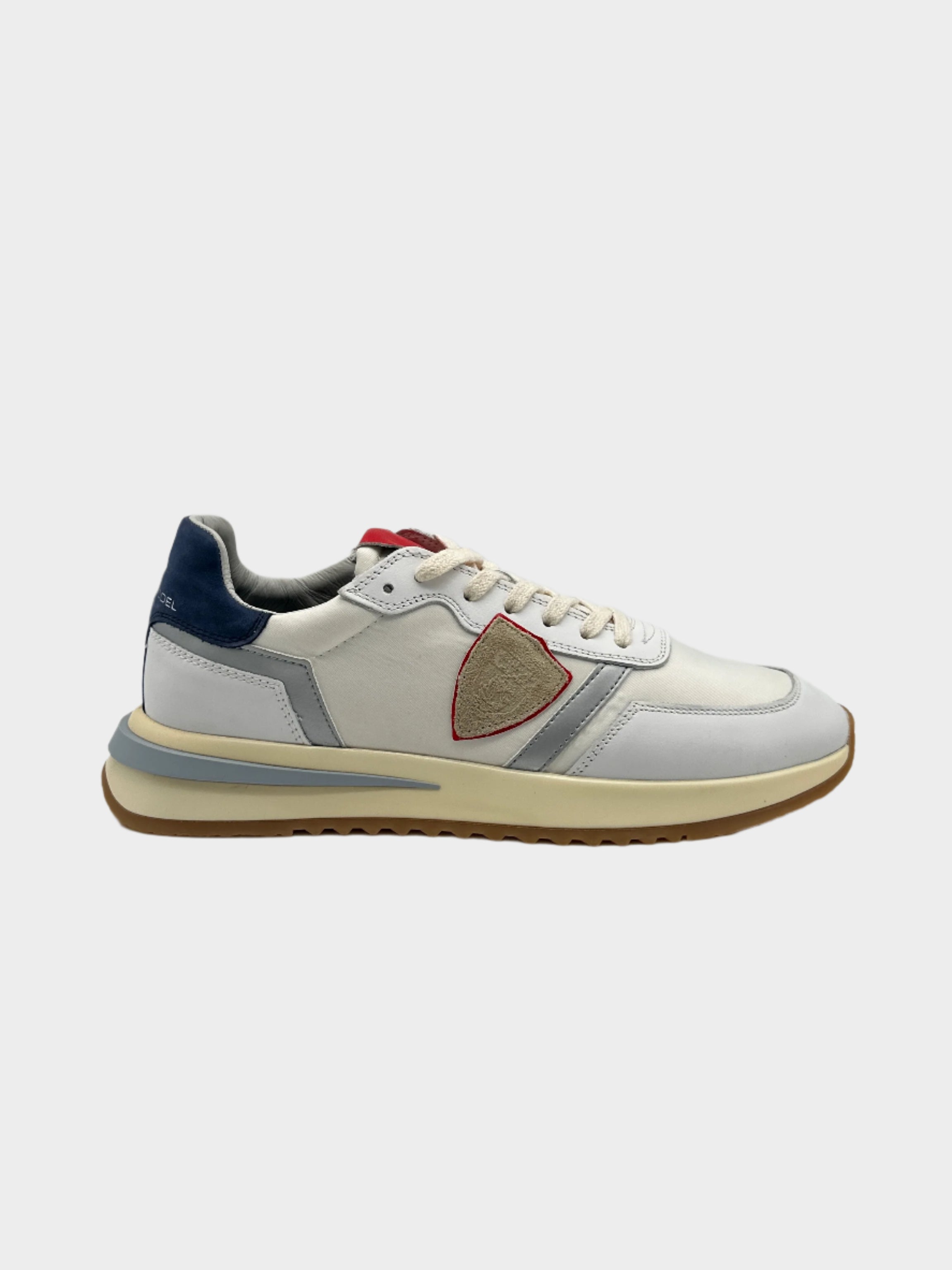 Tropez 2.1 uomo, sneakers Philippe Model, pelle bianca, scarpe tricolore, scarpe basse uomo, sneakers moda urbana

