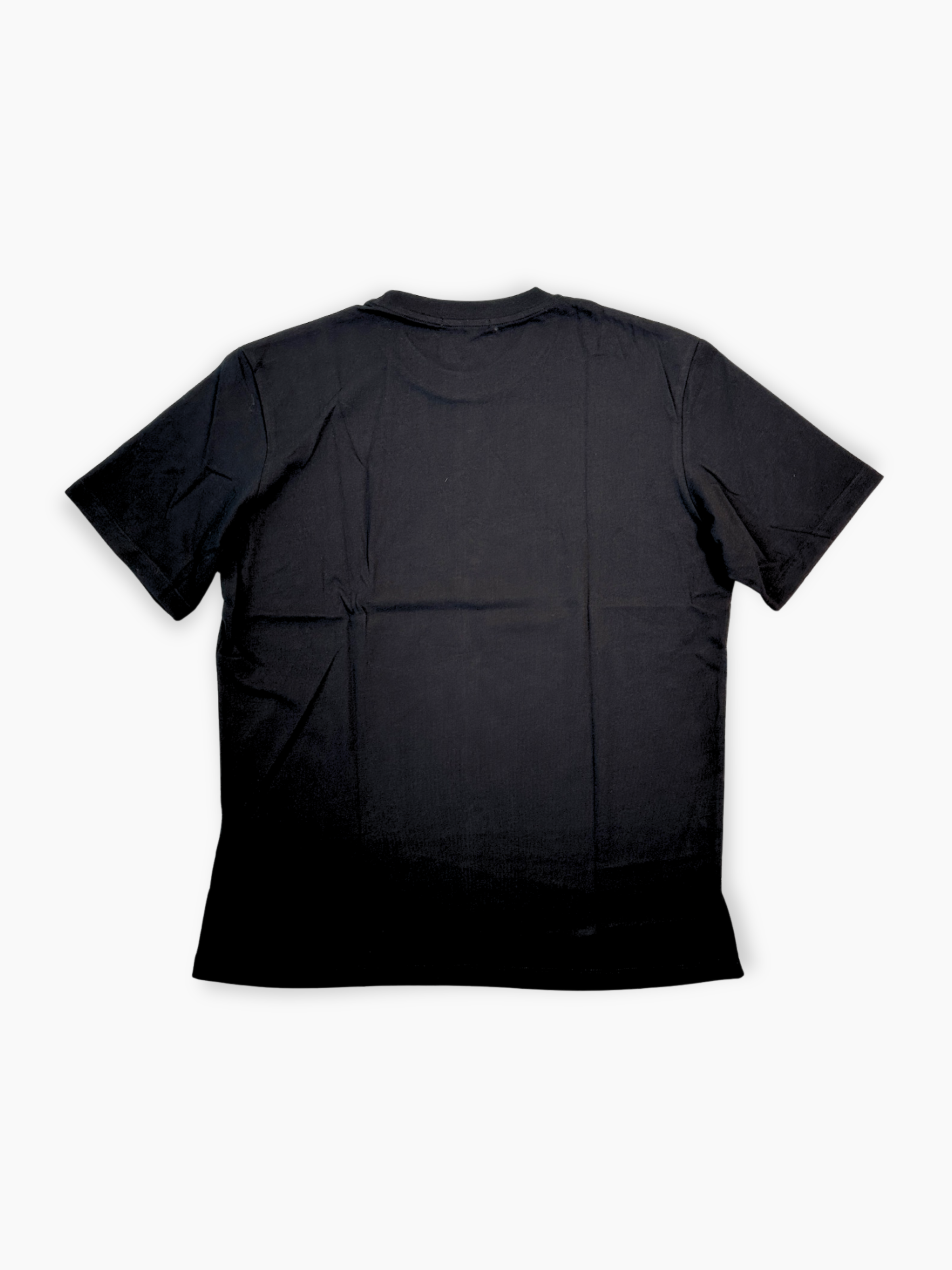 Vista frontale della t-shirt nera in jersey con grafica stampata