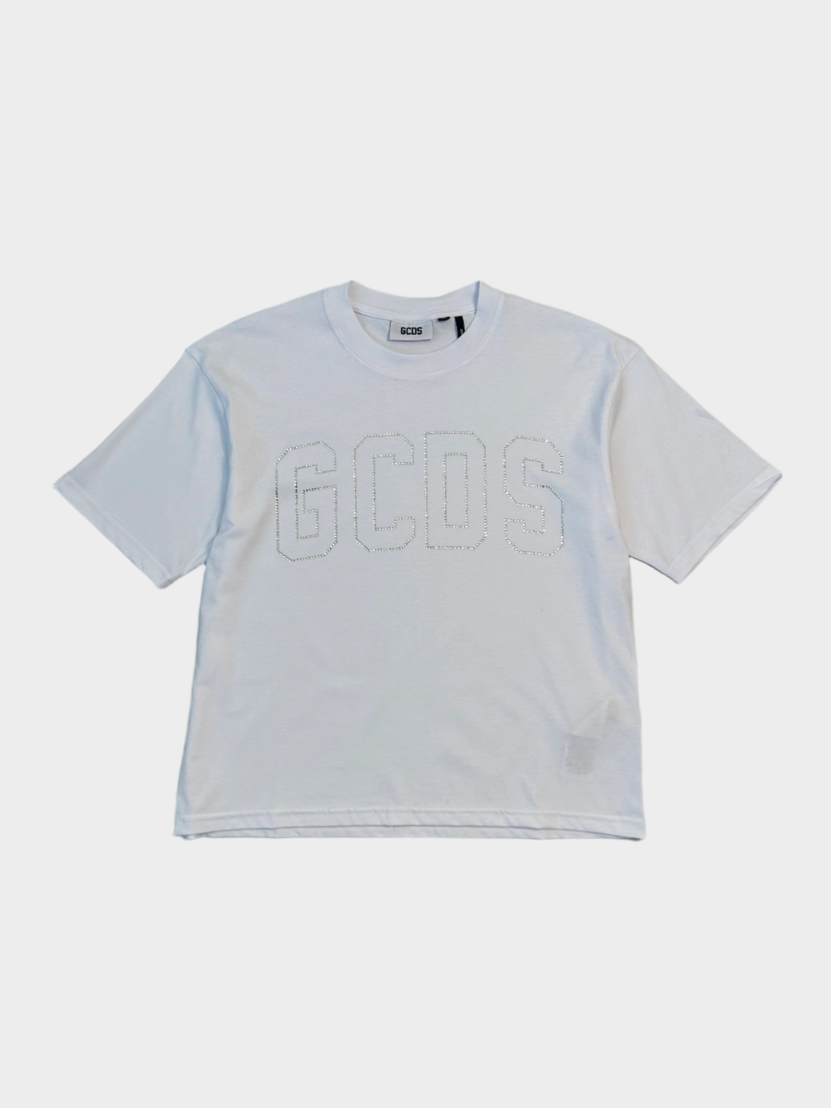 t-shirt GCDS, t-shirt bianca logo, t-shirt con strass, GCDS unisex, logo bling, moda streetwear

