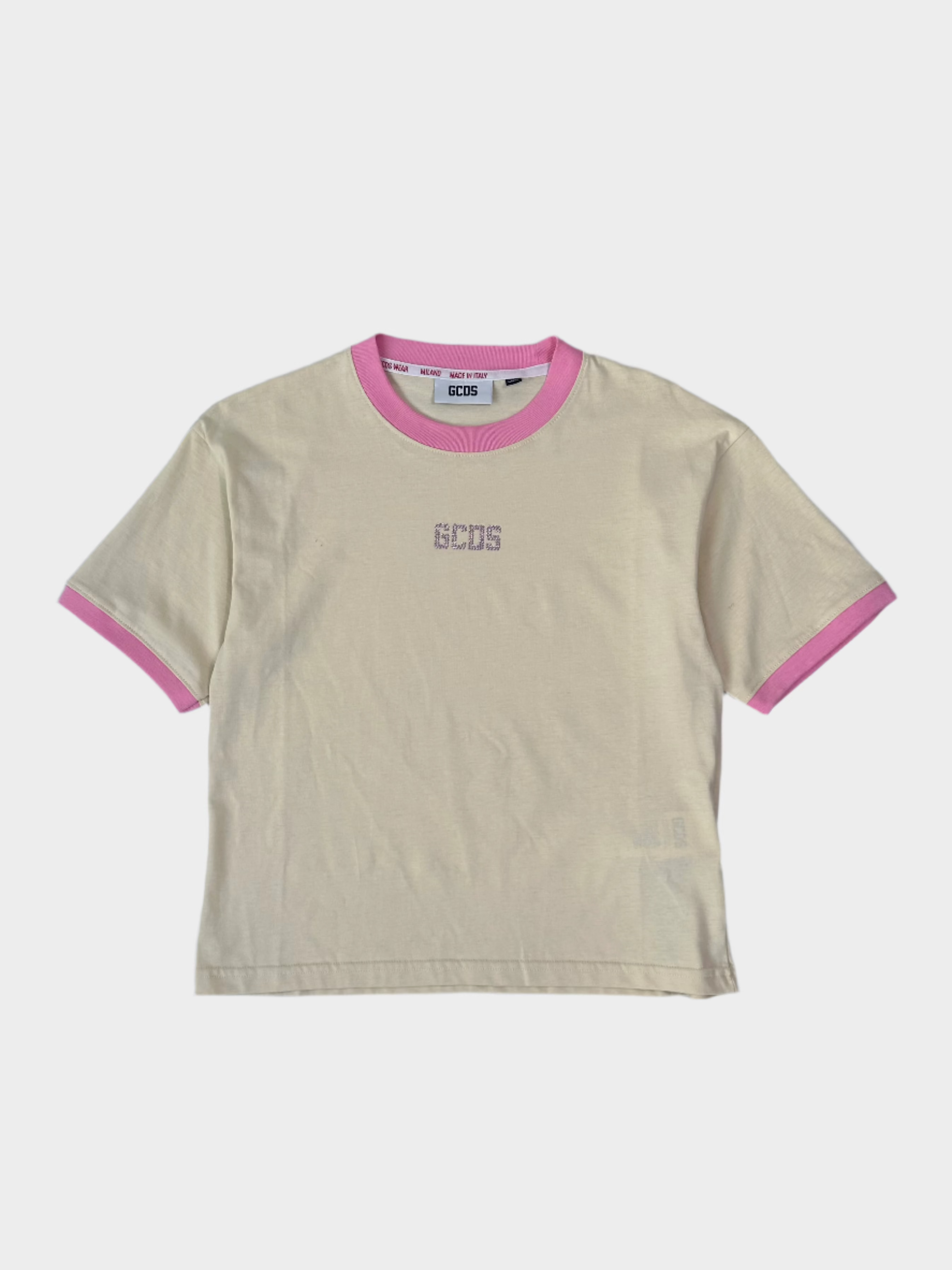 t-shirt rosa GCDS, t-shirt logo bling, maglietta cotone donna, t-shirt streetwear brillante, GCDS logo cristalli

