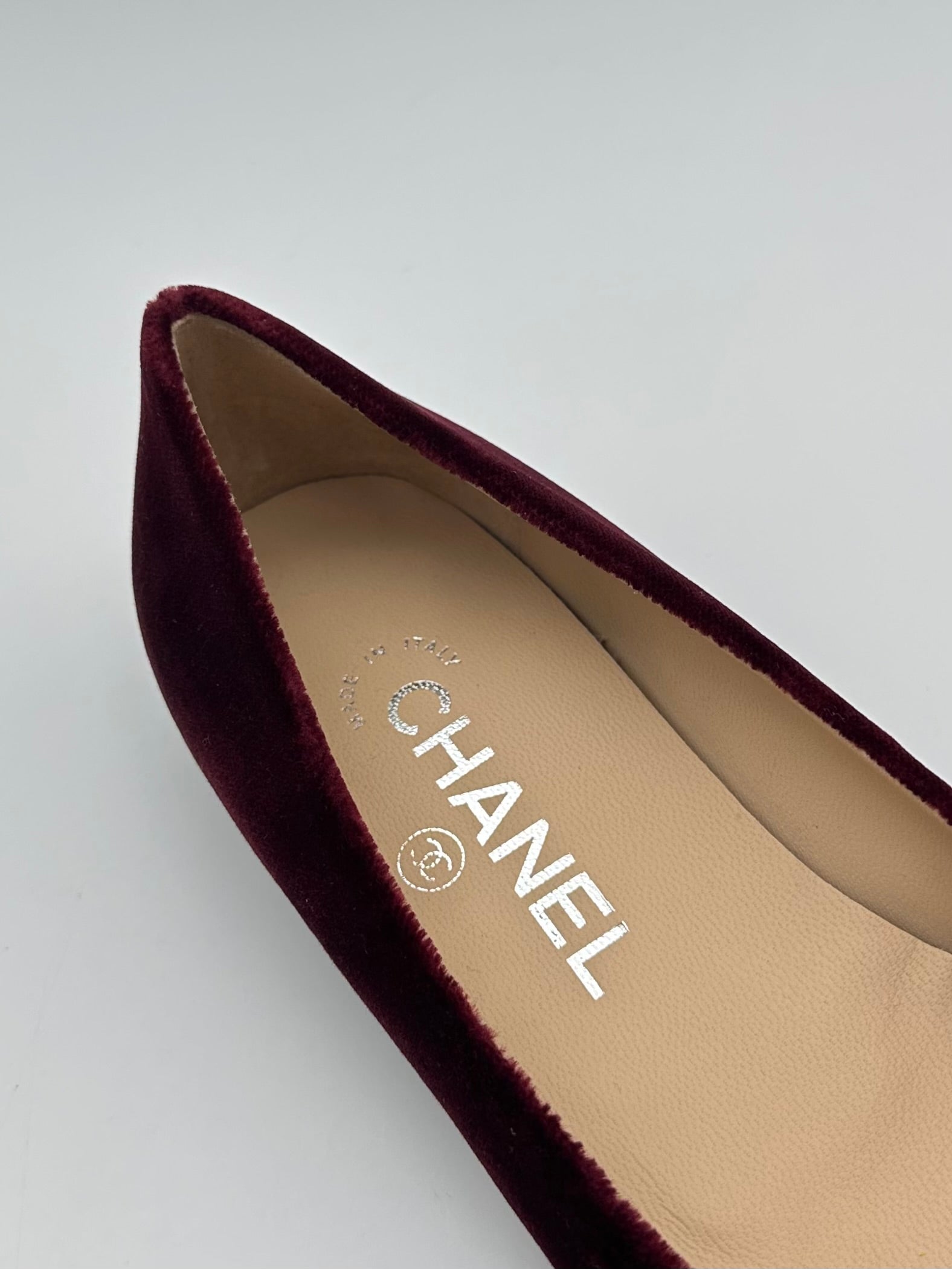 Velvet Ballet Flat in velluto con punta arrotondata, design floreale e logo argentato. Soletta e fodera in pelle, suola in cuoio.