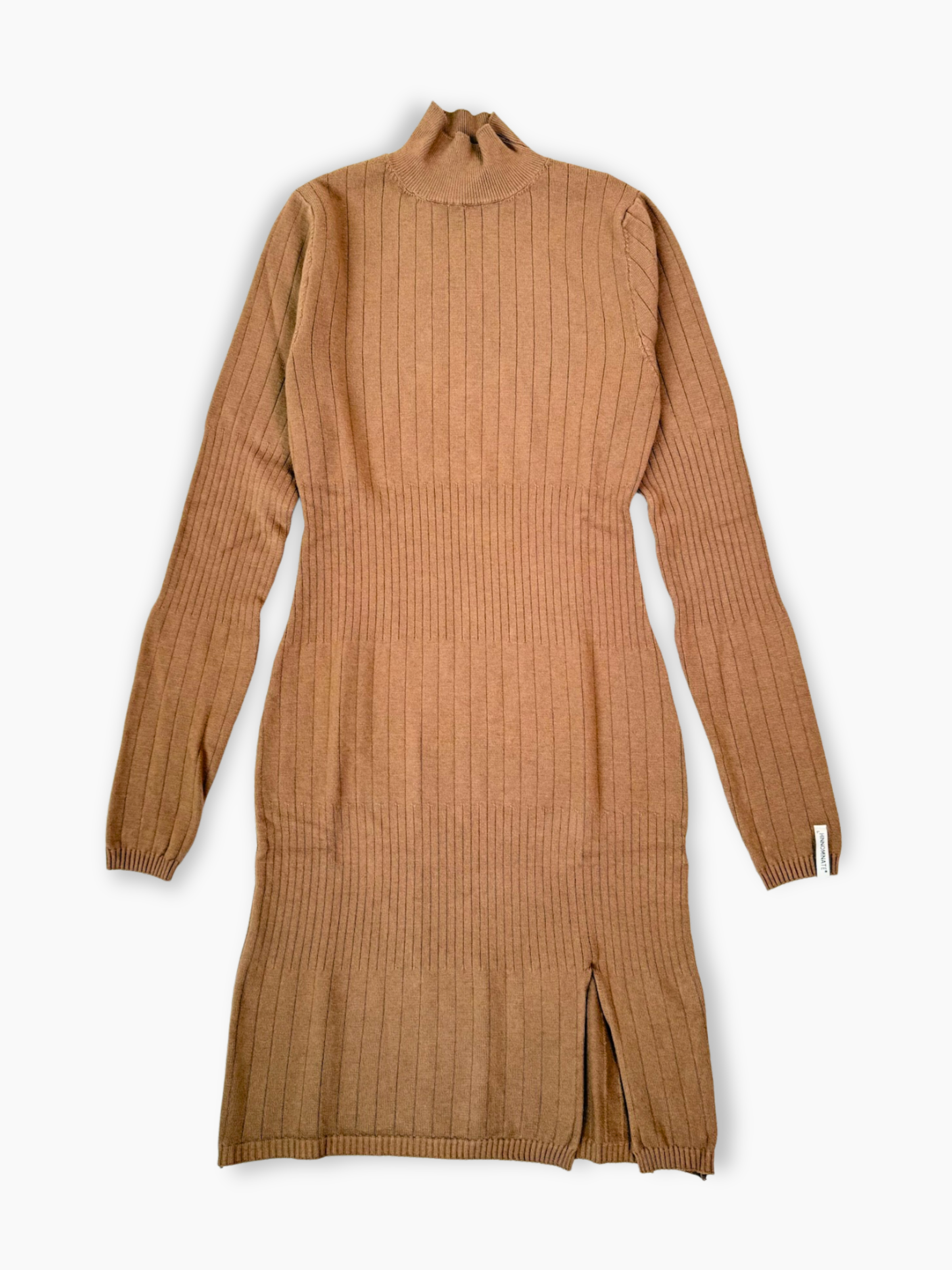 Vestito dolcevita in maglia a costine beige caramello Hinnominate con spacco