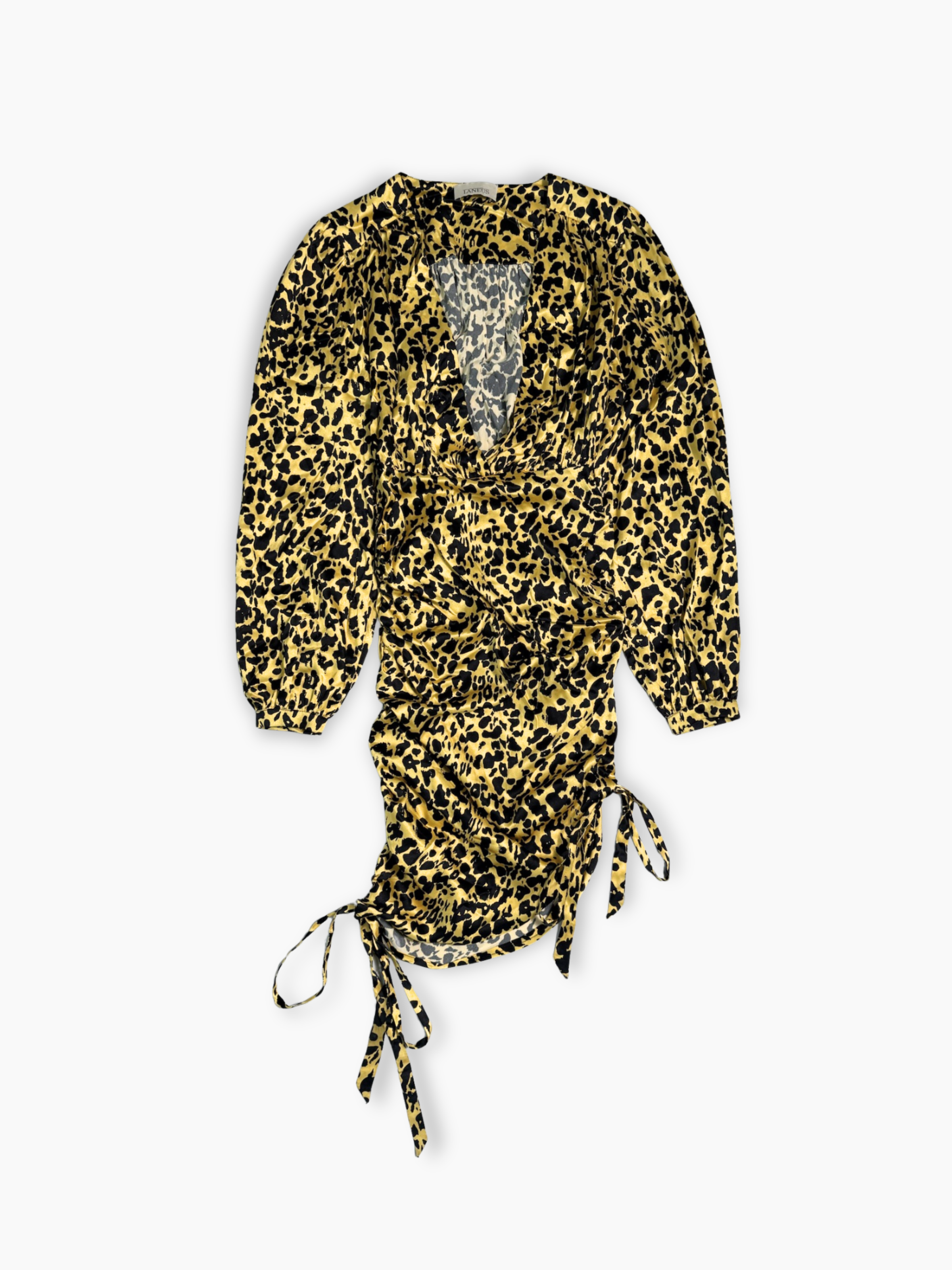 Vestito giallo corto in satin con stampa animalier vista frontale