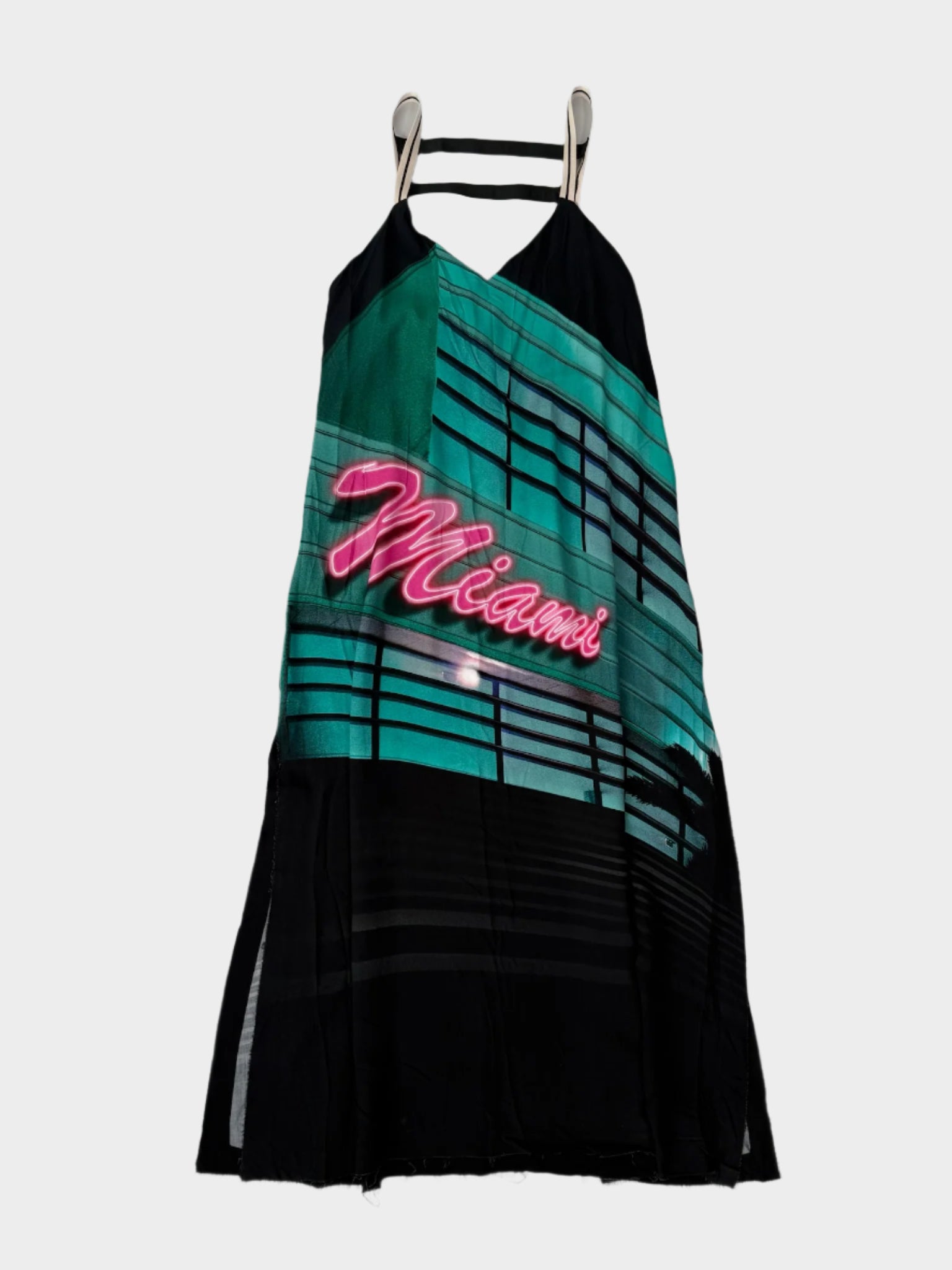 Vestito midi multicolor con stampa neon “Miami” e spalline elastiche