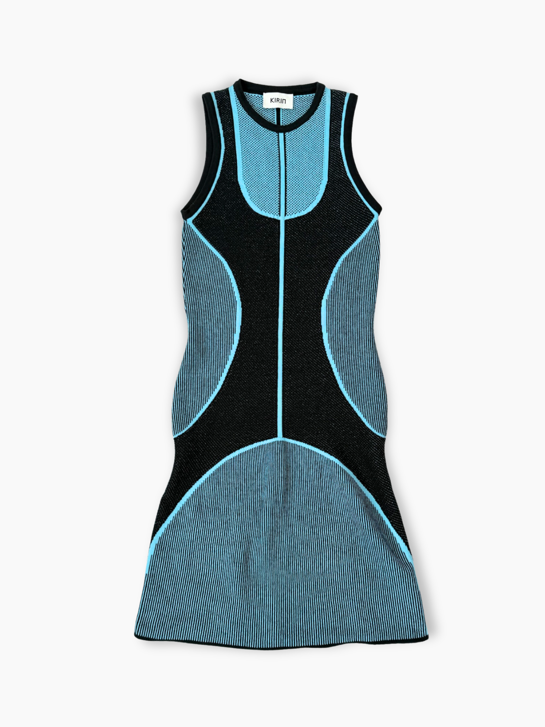 Vestito in maglia tecnica Kirin nero e azzurro smanicato con cuciture a contrasto