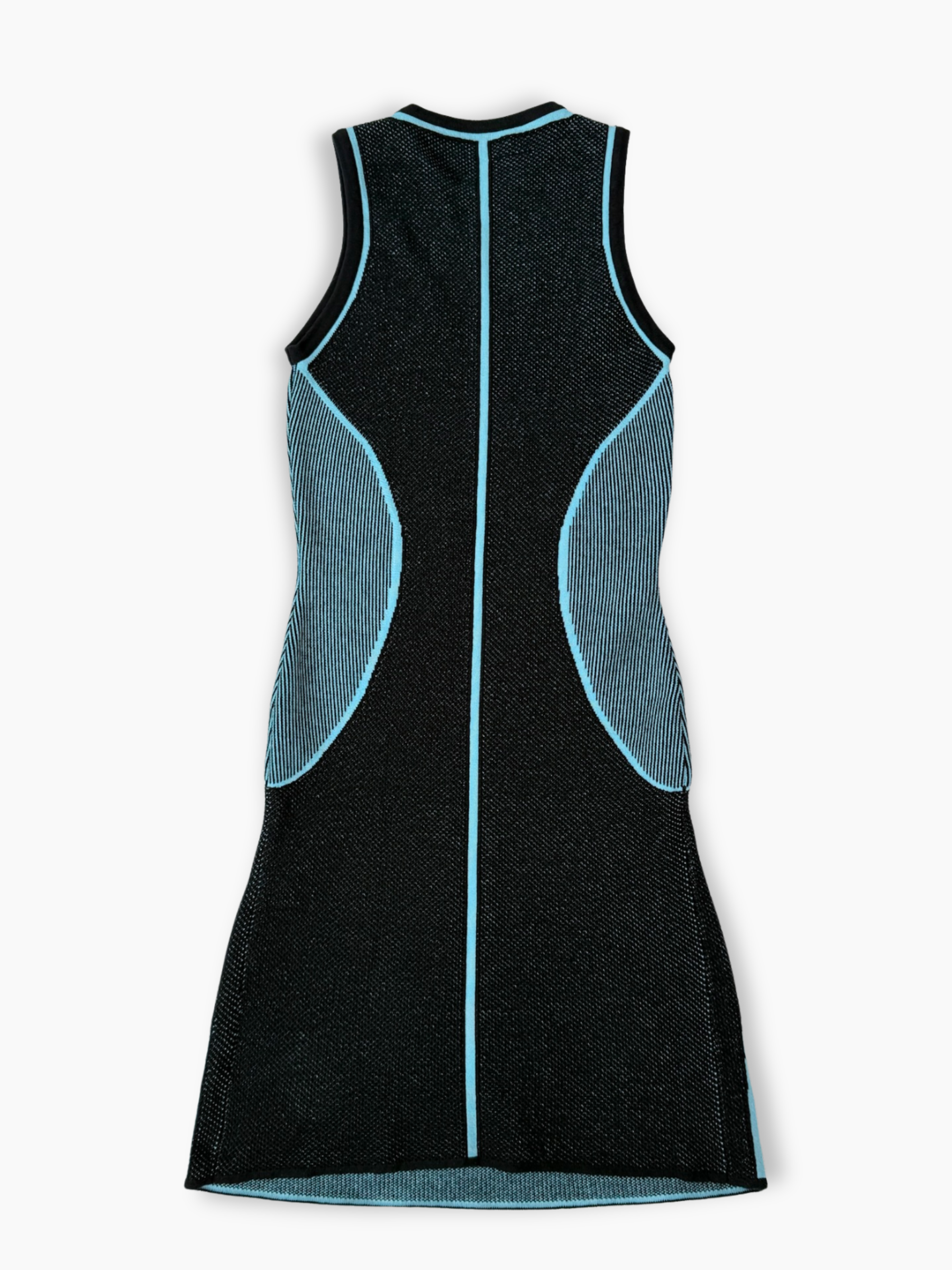 Vestito in maglia tecnica Kirin nero e azzurro smanicato con cuciture a contrasto
