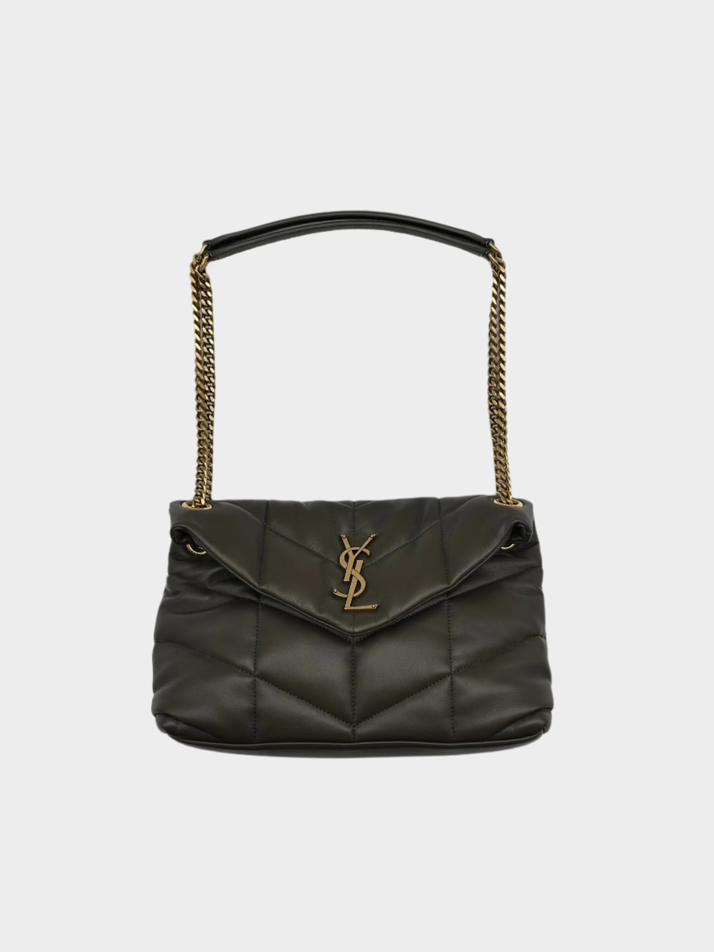 Borsa a spalla Yves Saint Laurent marrone con logo oro vista frontale